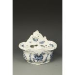 A WORCESTER BOMBE SHAPED BOW POT, printed in blue with spades of flowers and leaves, crescent mark