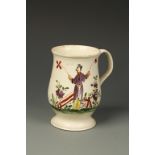 A LEEDS CREAMWARE BALUSTER MUG, with beaded borders and polychrome painted with a Chinese figure,