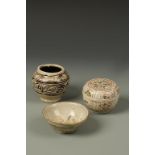 A CHINESE CIZHOU TYPE SMALL JAR, a Wucai style covered box and a small bowl, Yuan/Ming, the