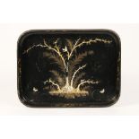 A VICTORIAN 'CLUB-FINE' PAPIER MACHE TRAY, decorated with a bird amongst trees, with printed and
