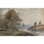 ENGLISH SCHOOL, early 19th century River landscape with a windmill and figures, watercolour, 8.5"