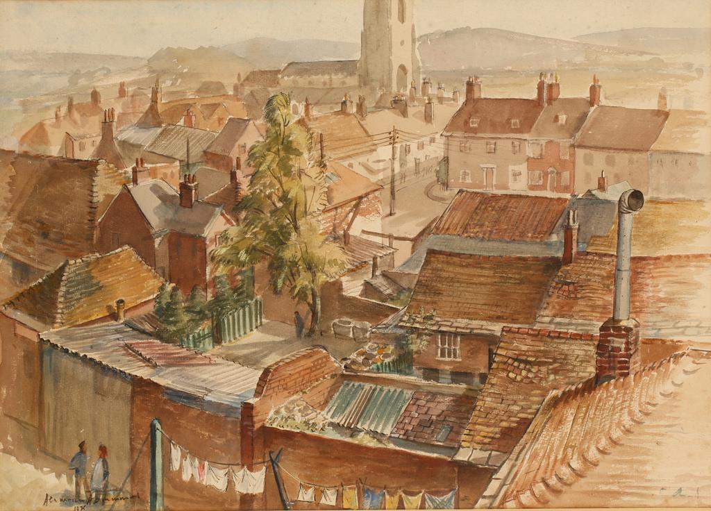 •HERMIONE HAMMOND (1910-2005) "Rooftops, Wareham, Dorset", signed and dated 1935 lower left,