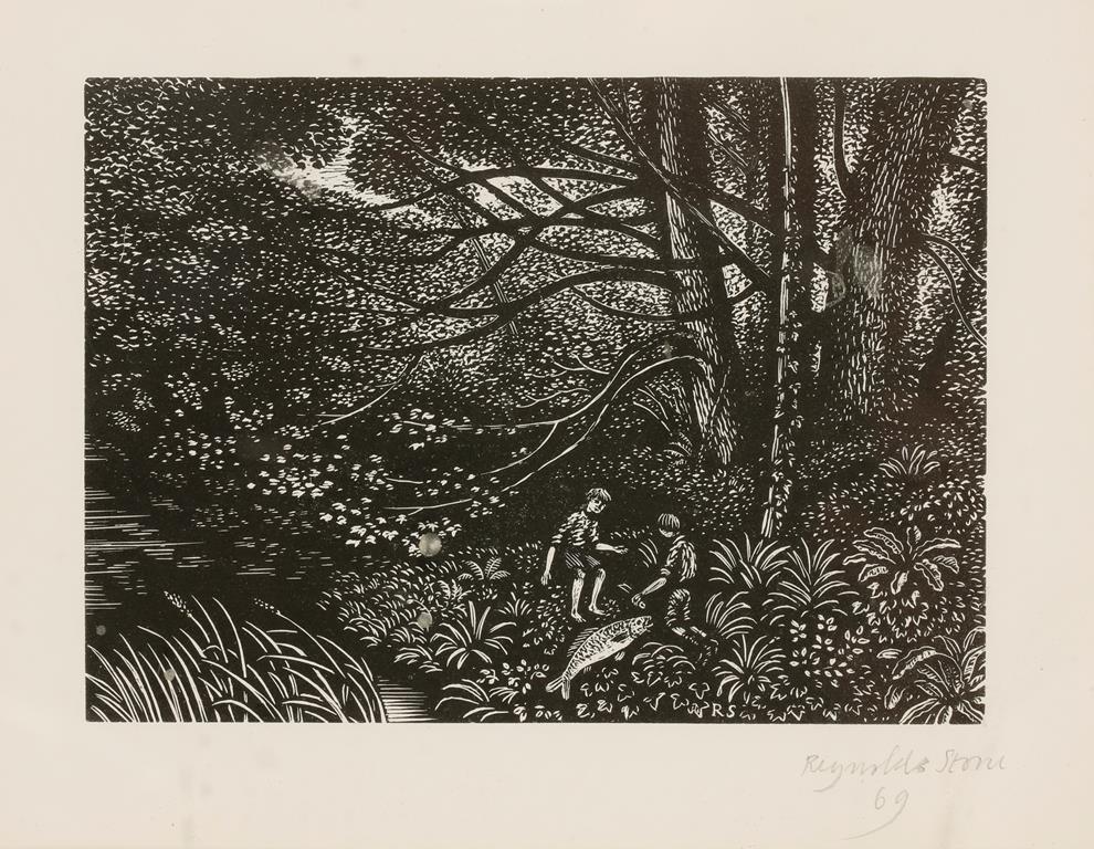 •REYNOLDS STONE (1909-1979) A wood engraving study of two young boys with a fish they have caught,
