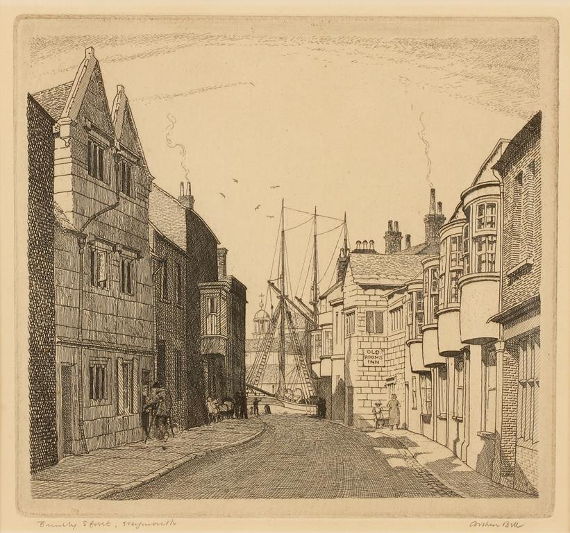 •ARTHUR BELL (1897-1995) "St. Alban's Street, Weymouth", etching, 6.5" x 4.25", and two similar