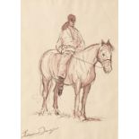 MANNER OF EDWARD SEAGO (1910-1974) Ranch rider on horseback, signed lower left, plum pen, ink and