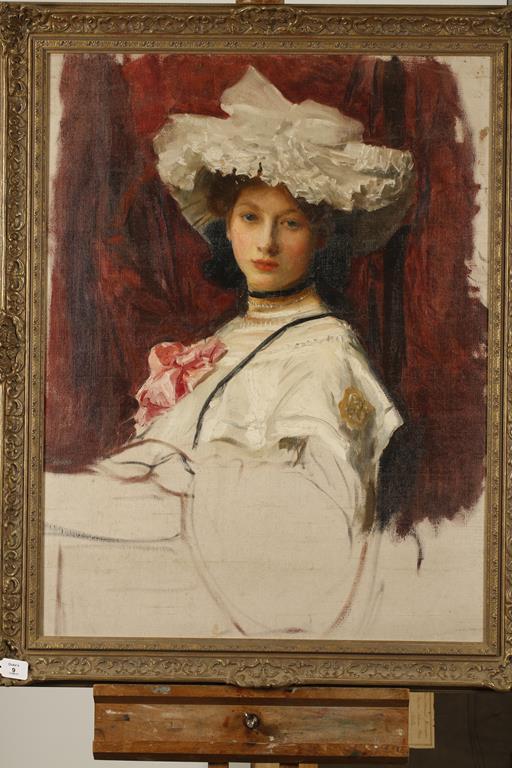 GEORGE SPENCER WATSON, RA, RWS, ROI (1869-1934) "Lady in White", oil on canvas, 33" x 25". See - Image 2 of 2