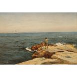 JAMES AITKEN (fl.1880-1935) Two gentlemen on a rock face with fishing rods and a yacht on the