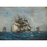 ENGLISH SCHOOL A study of a British war ship sailing with figures up the masts, watercolour and