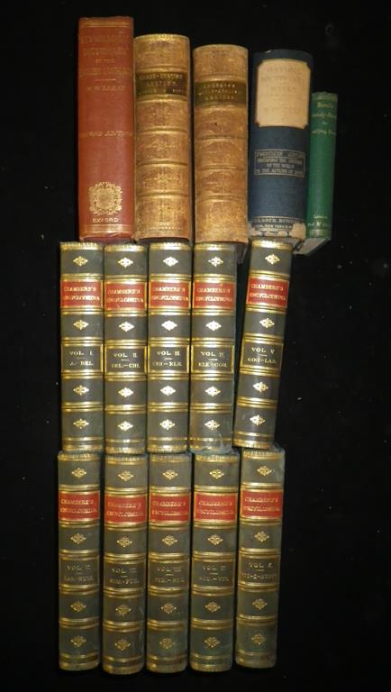 CHAMBERS's Encyclopaedia. Chambers, 1885, 10 vols., green half calf; and other reference books (15)