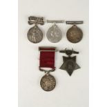 A COLLECTION OF FIVE MEDALS, some with damage. Crimea 1854 with Sebastopol clasp, engraved (****