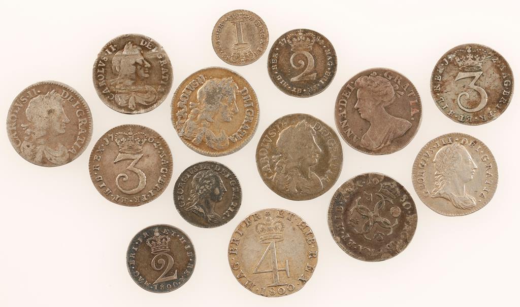 GREAT BRITAIN, MAUNDY. Fourpence 1679 (2), 1680, 1684, 1713, 1800, Threepence 1670, 1762 (2),