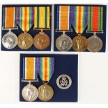 THREE GREAT WAR MEDAL GROUPS, pair and wound badge (19671 PTE. E.G. POWELL. DORSET. R.), pair and