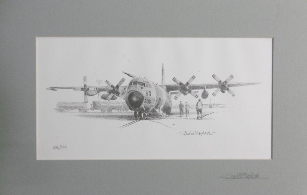 DAVID SHEPHERD: A signed print, 'RAF Lockheed C130 Hercules', limited 494/500, signed in pencil on