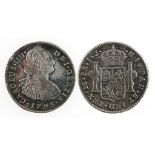 SPAINISH COLONIES. EIGHT REALES, 1793 IJ. Laureate and draped bust right, crowned shield between