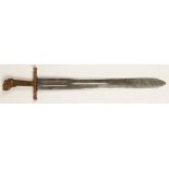 A DRUMMERS SWORD with a copper/brass hilt and lions head pommel, decorated with oak leaves and