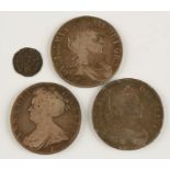 GREAT BRITAIN, MIXED COINS. Crowns, 1673, 1695, 1707 E, and a Charles I Scottish Twenty Pence. (4