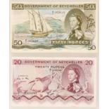 BANKNOTES, SEYCHELLES 'SEX NOTE', Fifty Rupees, 1973, A/1 193649, and a Twenty Rupees, 1974. (2