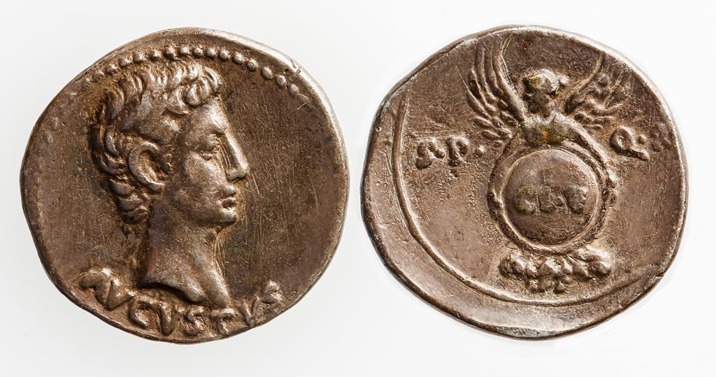 AUGUSTUS, 27 B.C. - 14 A.D. AR DENARIUS. Bare head of Augustus right above 'AVGVSTVS' on obverse,