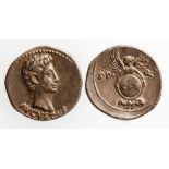 AUGUSTUS, 27 B.C. - 14 A.D. AR DENARIUS. Bare head of Augustus right above 'AVGVSTVS' on obverse,