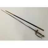 A GEORGE V COURT SWORD, with leather and brass mounted scabbard and engraved blade, 38"