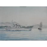 A PAIR OF WATERCOLOUR STUDIES "Arctic Convoy" and "H.D.M.L. 1007 Hong Kong", military boats at