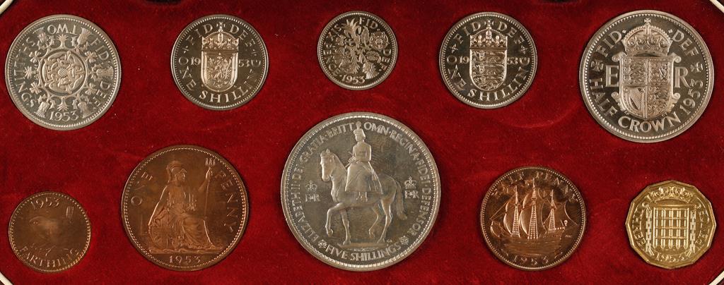 ELIZABETH II, 1953. TEN COIN PROOF SET, 1953. In original tooled red leather case. UNC.