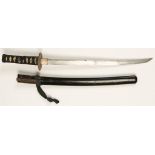 A JAPANESE WAKIZASHI, with lacquered scabbard and shagreen grip with cord binding and two menuki,