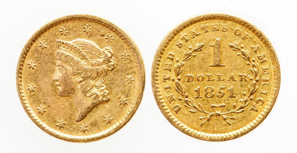 AMERICA, GOLD DOLLAR, 1851. Head left, value and date within wreath on reverse. GVF. (one coin)