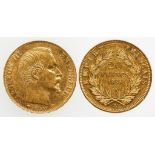 FRANCE, NAPOLEON III, 1852-70. TWENTY FRANCS, 1855 A. Bare head left, value and date within wreath