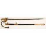 A GEORGE V ROYAL NAVAL OFFICERS SWORD, blade engraved W. Bell White. Belfast, with leather and brass