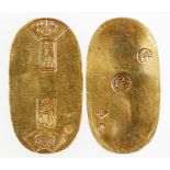 JAPAN, TEMPO ERA, 1830-44. AV KOBAN. Oval with horizontal indentations, era mark top right of