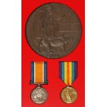 A GREAT WAR CASUALTY PAIR OF MEDALS AND PLAQUE, awarded to Corporal Arthur Henry Harding, 2nd Bn,