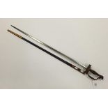 A COURT SWORD, with leather and brass mounted scabbard, 37"