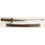 A SECOND WORLD WAR ISSUE JAPANESE KATANA, with leather scabbard and leather and shagreen grip, 31"