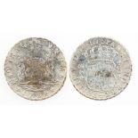 SPAINISH COLONIES. EIGHT REALES, 1738 MO MF. Crowned globes between pillars, crowned shield on