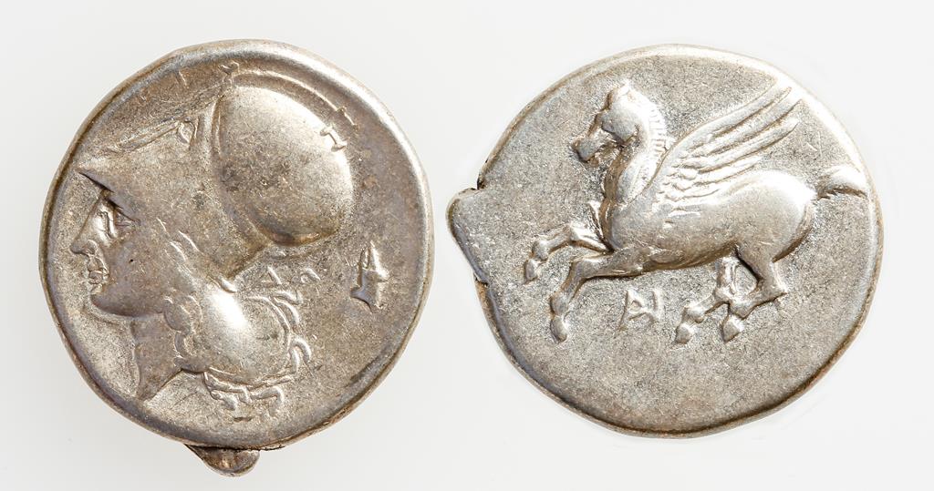 GREEK, AKARNANIA, CORINTH. AR STATER, EARLY TO MID FOURTH CENTURY B.C. Pegasus flying left, head