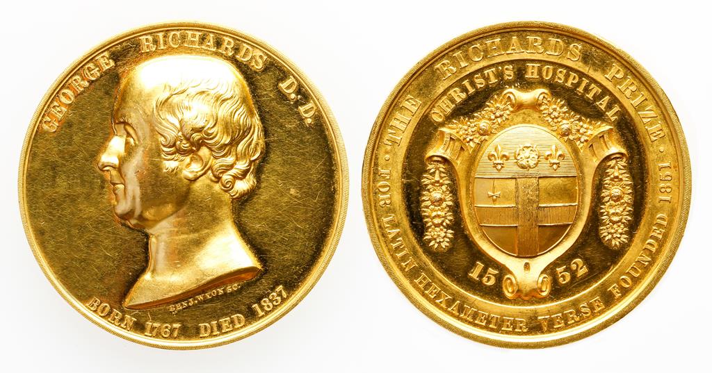 MEDAL, CHRIST'S HOSPITAL, THE RICHARDS PRIZE, struck in gold, by B. Wyon, head of George Richards