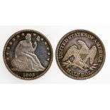 AMERICA, PROOF HALF DOLLAR, 1863. Liberty seated, eagle on reverse. UNC, a few minor blemishes and