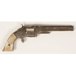 A SMITH AND WESSON SILVER PLATED RIM FIRE REVOLVER, the barrel stamped 'Smith and Wesson,