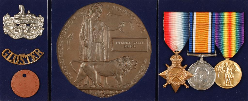 A GREAT WAR CASUALTY TRIO OF MEDALS AND PLAQUE, with tag and badges, awarded to Private Frederick