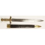 A FRENCH INFANTRYMANS SWORD with leather and brass mounted scabbard, the blade engraved "Klingenthal