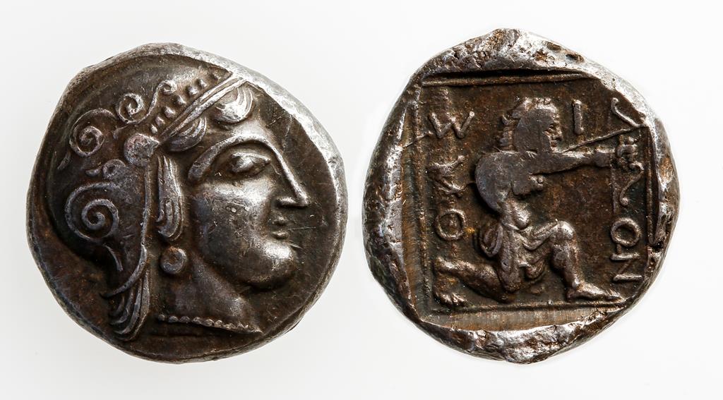 GREEK. AR STATER, FOURTH / EARLY FIFTH CENTURY B.C. Head of Athena right, Herakles kneeling as an