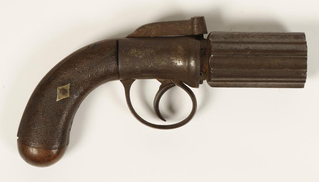A SIX-SHOT PERCUSSION PEPPERBOX REVOLVER, with steel barrels, engraved plate with scroll decoration,