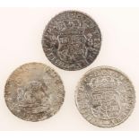 SPAINISH COLONIES. EIGHT REALES, 1738 MO MF. And two other Eight Reales, 1739 MO MF, 1740 MO MF.