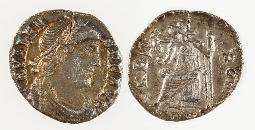 VALENS 364-378 A.D. AR SILIQUA. Draped bust right, 'VALENS PF AVG' on obverse, Roma enthroned