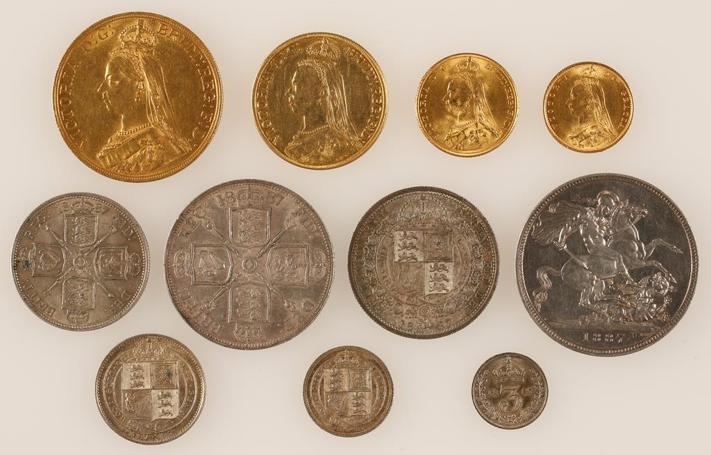 VICTORIA, 1837-1901. ELEVEN COIN GOLD AND SILVER SET, 1887. AEF-AUNC