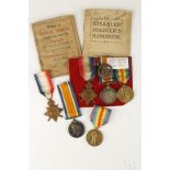 A GREAT WAR TRIO OF MEDALS, with wound badge, handbooks and research (12095 PTE. R. ADAMS. DORSET.