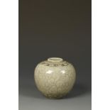A KOREAN CELADON OVOID VASE, the shoulder inlaid with a foliate band, above the rounded body