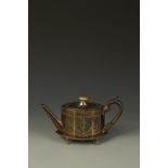 A GEORGE III TEAPOT AND STAND, the teapot of shaped oval form with wooden scroll handle, with