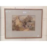 An early 20th century watercolour study of a cottage and mountainous landscape